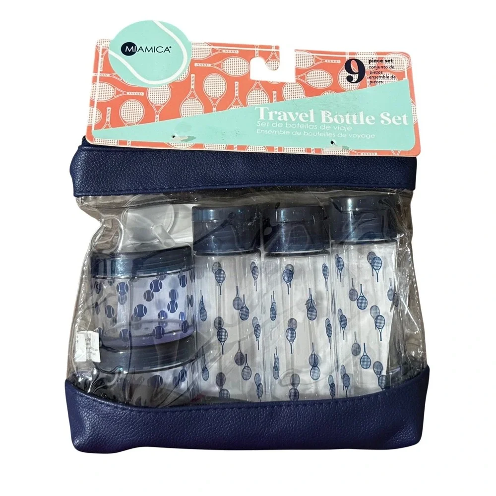 Miamica‎ Travel Bottle Set 9pc Plus 12 Bottles and 3 Jars Bundle NWT Navy Blue